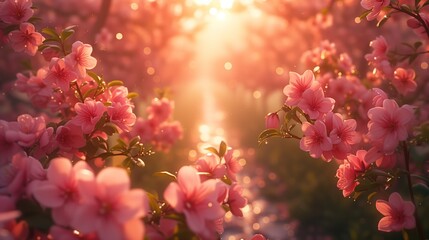 Close-up of dew-kissed pink blossoms, with the morning sun filtering through, enveloping each petal in a soft, ethereal light.