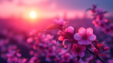The sun's rays grace the horizon, illuminating pink blossoms against a dusky sky, heralding the day in a vibrant orchard.