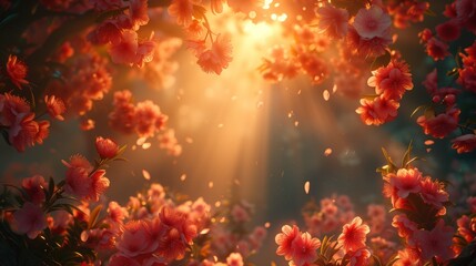 Rays of sunshine filter through vibrant cherry blossoms, casting a warm light on petals as they dance in the gentle breeze.