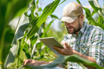 agronomist inspecting corn crops growing in farm field, using tablet as a notebook - obrazy, fototapety, plakaty