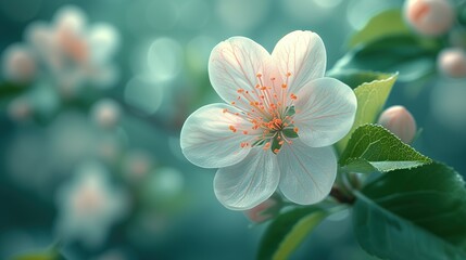 A delicate cherry blossom in full bloom, with a soft focus background enhancing its gentle beauty,  floral, nature, macro, spring, petals, serene, botany, delicate