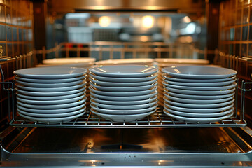 A bunch of white plates neatly arranged inside a dishwasher. Perfect for kitchenware or household product advertisements