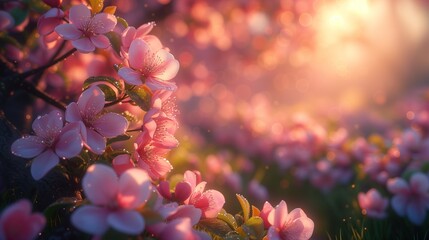 Cherry blossoms glisten at sunrise, with water droplets accentuating their soft, radiant hues, nature, macro, spring, fresh, dew, petals, soft light, serene, tranquil, morning, bloom, natural beauty, 