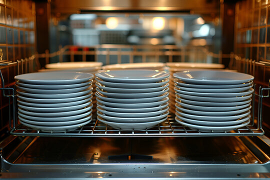 A bunch of white plates neatly arranged inside a dishwasher. Perfect for kitchenware or household product advertisements