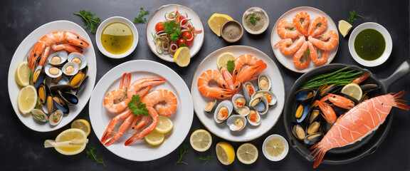 Set of plates with seafood cuisine dish, shrimps, squid, mussels and salmon steak isolated on...