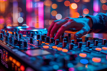 DJ's hand adjusting a mixer on a DJ console with colorful blurred lights in the background - obrazy, fototapety, plakaty