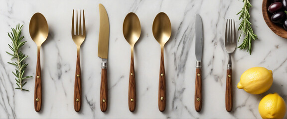 Rustic wooden utensils with olives, lemon, and rosemary on a marble backdrop