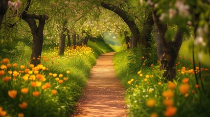 path through the orchard is a visual symphony of spring with vibrant tulips in full bloom edges, contrasting with the soft pinks of the overhead blossoms, leisurely stroll through this burst of color