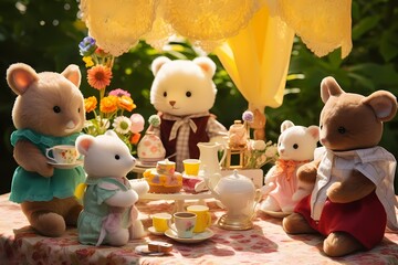 Adorable plush animals gathered for a tea party on a sunny yellow background, radiating warmth and joy.