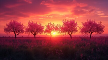 sunset transforms the orchard, silhouette against a dramatic sky, blossoming trees painted in the fiery hues of the dying day, ground is awash with a sea of wildflowers, reflecting the heavens above
