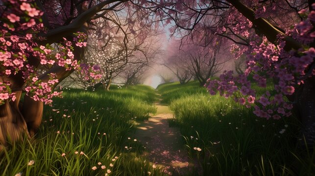 dappled light of early morning filters through the pink blossoms of the orchard, creating a tapestry of light and shadow on the path below,  soft pinks and whites of wildflowers, vibrant greens grass