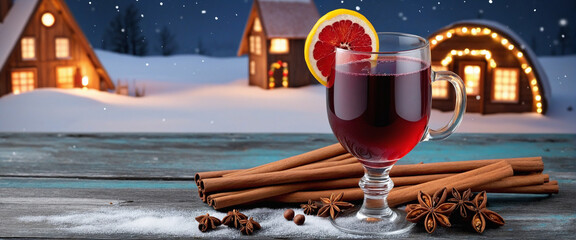 Glass of Mulled Red Wine with Cinnamon on Rustic Wooden Plank