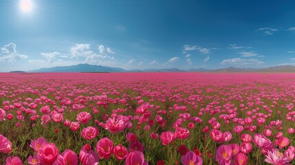 endless field of vibrant pink flowers under a bright blue sky. The sun shines brilliantly, casting a glow over the petals, while distant mountains provide a majestic backdrop.