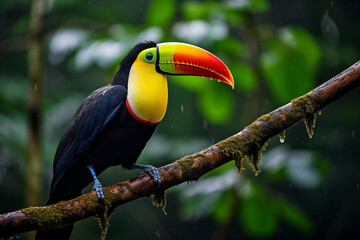 Close up portrait of toucan in the rainforest of Central America