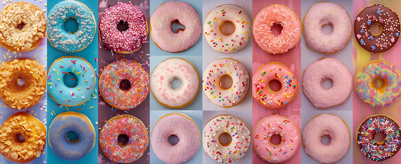a collage of donuts with different colored sprinkles  - obrazy, fototapety, plakaty