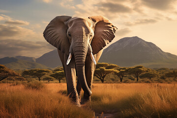 Fototapeta na wymiar Portrait of an African elephant in the savannah against the background of mountains