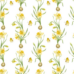 Seamless pattern of watercolor narcissus. For packaging, textiles and backgrounds