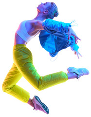 Attractive excited fitness girl dancer in sportwear dance in neon light in air against transparent background. Stretching exercises. Concept of sport, fashion, active lifestyle, youth, ad. Copy space