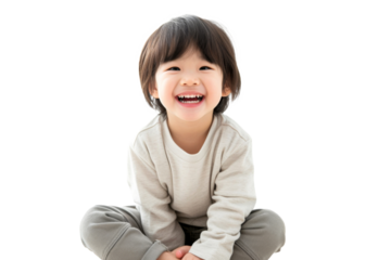 Studio portrait of a cute happy little girl with a beautiful smile isolated on transparent png background.
