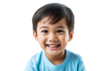 Studio portrait of a cute happy little girl with a beautiful smile isolated on transparent png background.