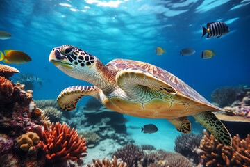 Obraz premium Green sea turtle swimming in the blue ocean. Underwater world on coral reef