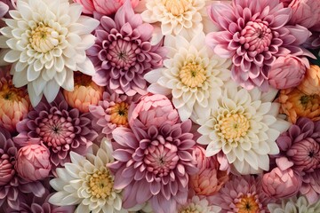 Aerial perspective of blooming chrysanthemums on a pastel canvas, providing space for creative text.