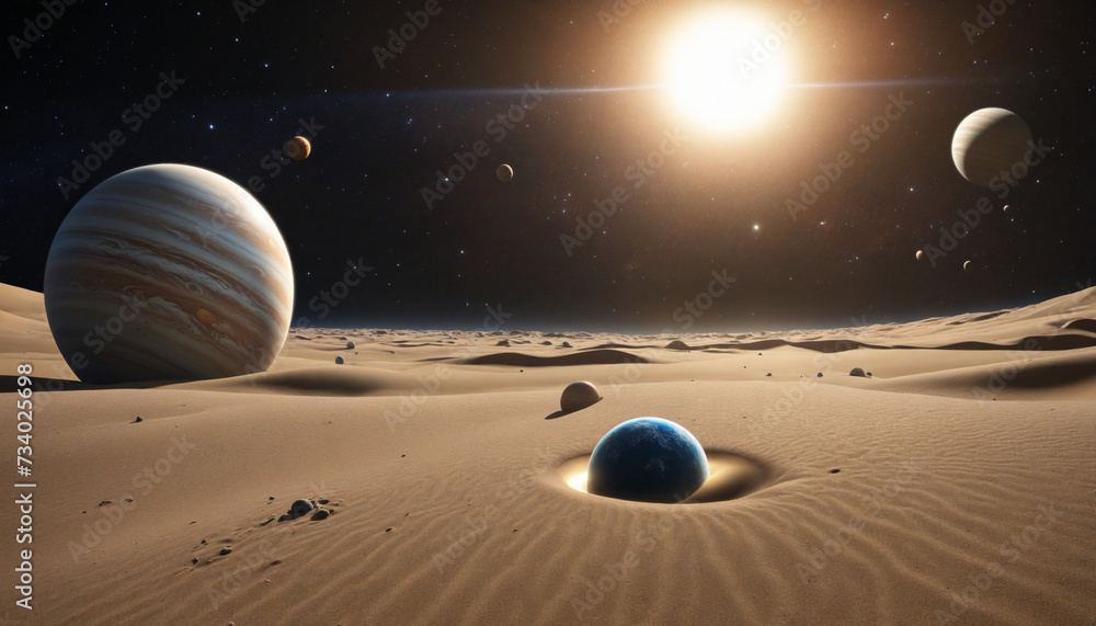 Canvas Prints space-themed sand art with futuristic planets and celestial objects