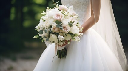 Bride in white wedding dress holding bridal bouquet