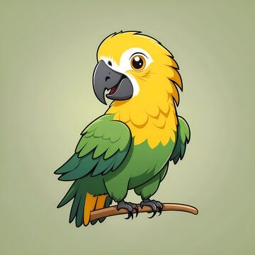 A cartoon illustration of a yellow and green parrot perched on a tree branch, flat vector design
