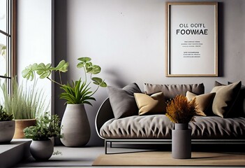 Interior design of concrete living room with mock up poster frame, gray sofa,  pillows, simple coffee table, vase with dried flowers, plants in flowerpot and accessories. Home decor.. Generative AI