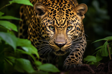 Close up portrait of a leopard, Panthera pardus, in the wild