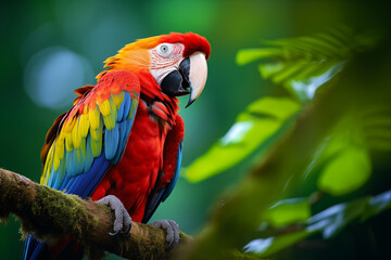 Obraz premium Beautiful Scarlet macaw bird sitting on the branch in the forest