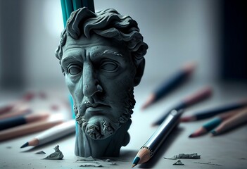 Statue face partially erased by pencils with eraser, metaphorically represents cancel culture and historical revisionism, 3d illustration, 3d rendering. Generative AI