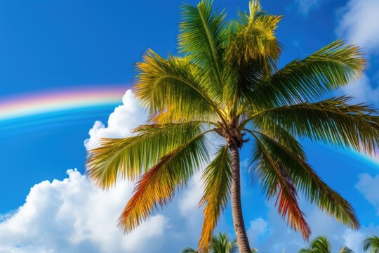 rainbow palm on sky background after rain. ai generated