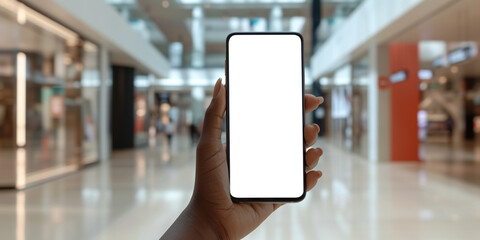 Mockup image of person woman holding and showing white mobile phone with blank black desktop screen to someone train station airport with passing people on background. Travel advert transport concept