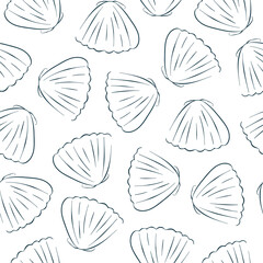 Seamless scallop pattern in line art style. Undersea blue background for printing, textile. Vector illustration on a white.