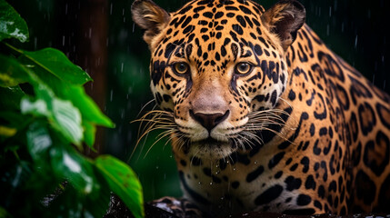 Fototapeta premium a jaguar in the rain looking at the camera