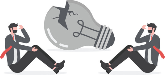 Businessman fail work headache idea concept. Feeling sad, No idea, Broken light bulb Stock

