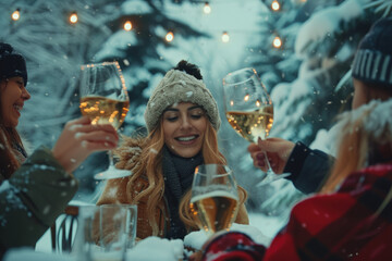 Happy friends having fun and clinking wine glasses. Winter party outside