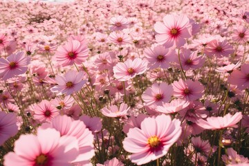 Aerial shot of a field of cosmos flowers, their delicate petals forming a picturesque background for text.