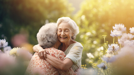 Portrait of happy senior woman and her daughter embracing in summer garden