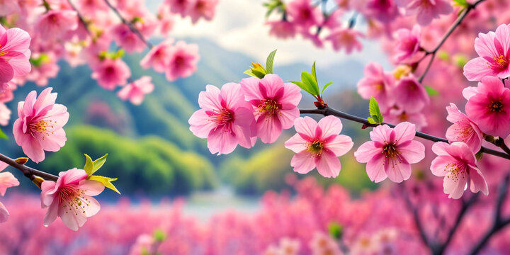 Pink cherry blossoms bloom in spring, adding beauty to nature's floral display