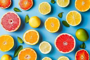 Variety of sliced citrus fruit including lemons, lines, grapefruits and oranges.