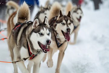 Siberian husky dogs pull sled with musher.
