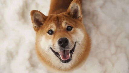 Friendly looking funny dog Shiba Inu happy smiling on white background. Adorable pet positive exited emotions making friends with you. Top view from above. Funny prank silly jokes reaction