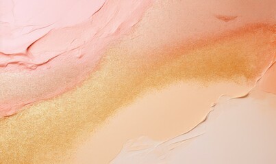 Abstract background with soft peach gradient and shining golden glittering shimer. Texture backdrop with copy space. Pink, orange and coral colors