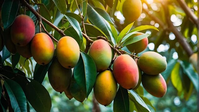 ripe mangoes on a branch in the garden