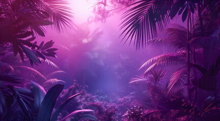 Tropical jungle with exotic plants in purple blue light and haze. Summer wallpaper with copy space.