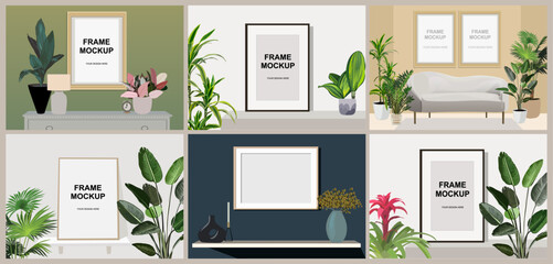 Set of Realistic Frame mockups in interior with potted house plants, interior decorations with blank place for vertical and horizontal picture, photo, wall art, print, poster. Vector illustration.