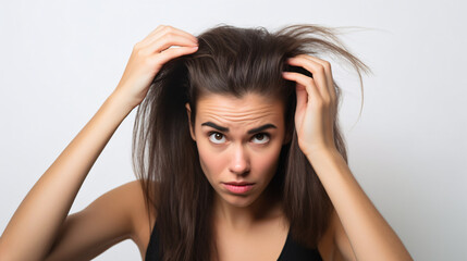 Naklejka premium Portrait of a stressed young woman looking at the camera holding her hair